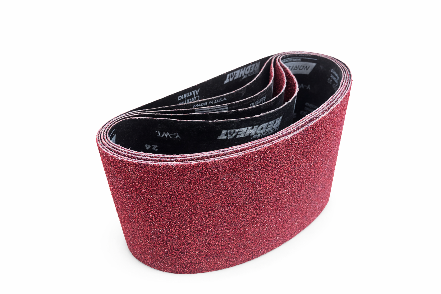 Norton Red Heat sanding belts for hardwood floor drum sander on white background